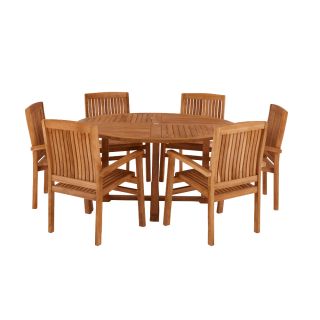 Broadway Teak Round Table With 6 Henley Stacking Chairs 150cm