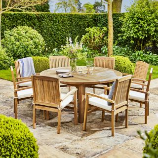 Churn Teak Round Table with 8 Henley Stacking Chairs 160cm